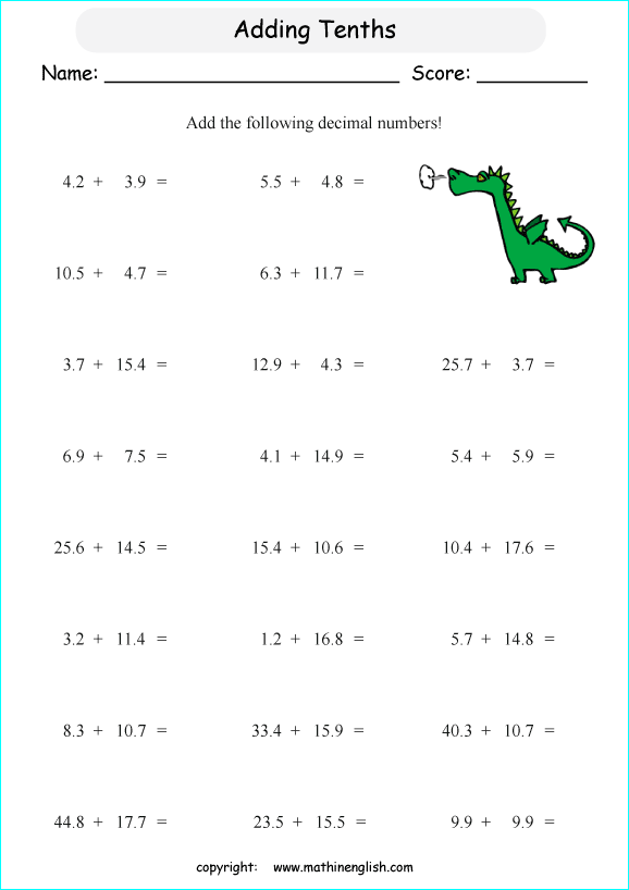 printable math addition of decimals  worksheets