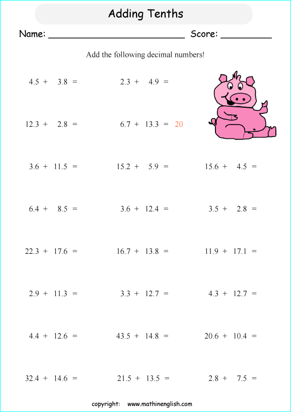 printable math addition of decimals  worksheets