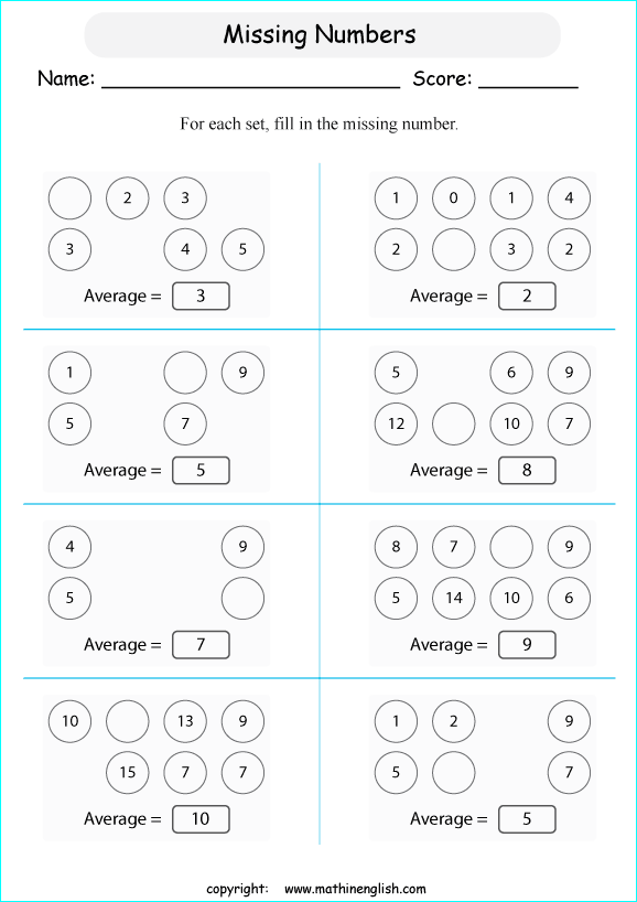 basic average calculations worksheets for grade 1 to 6 