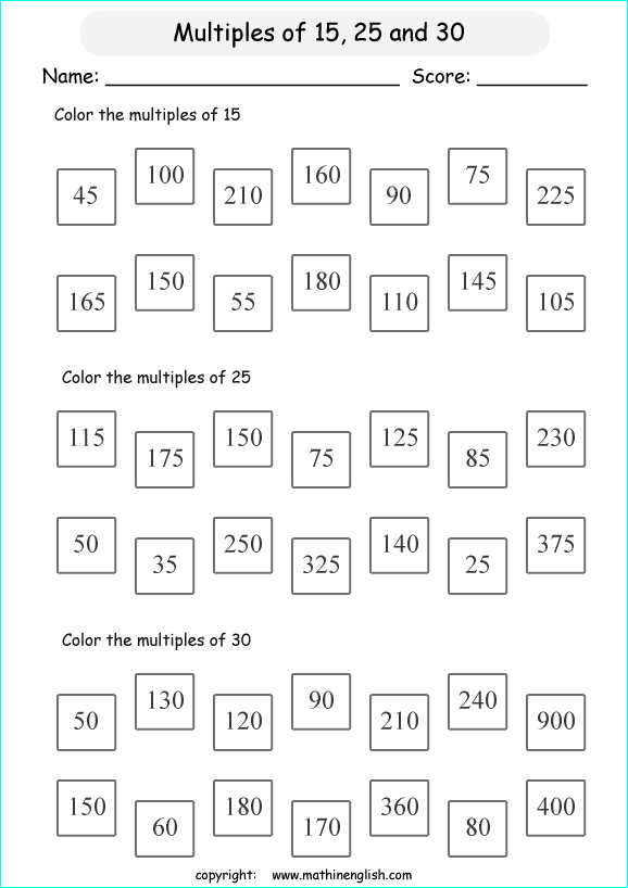 listing multilpes and factors worksheets for grade 1 to 6 