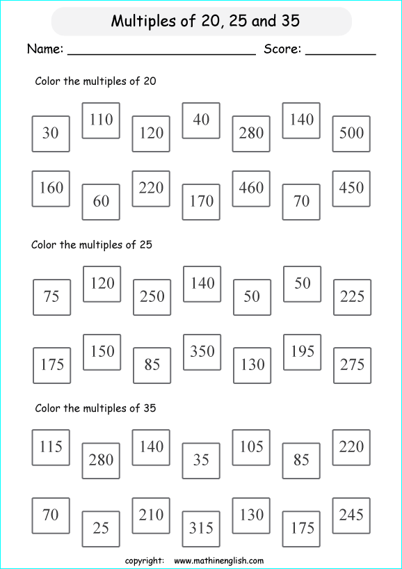 listing multilpes and factors worksheets for grade 1 to 6 