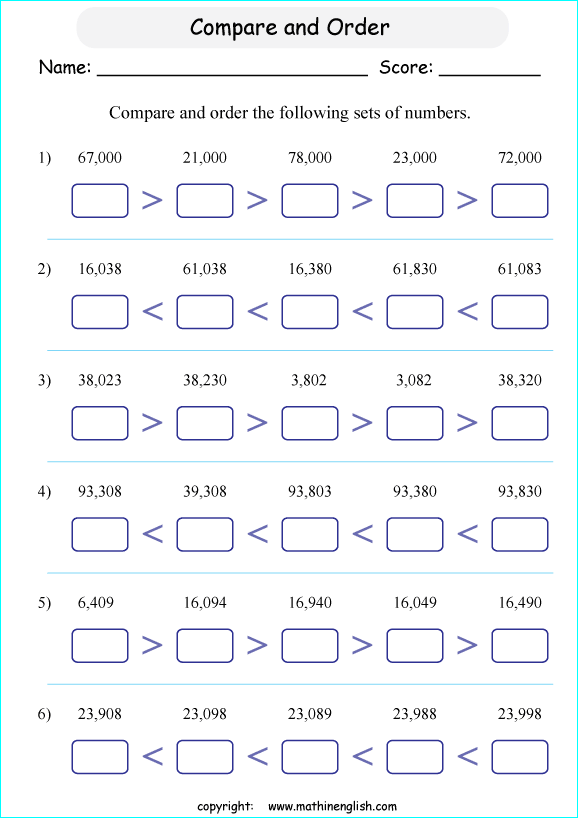 printable math comparing and ordering large numbers worksheets for kids in primary and elementary math class 