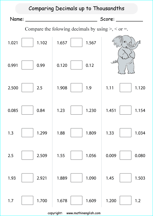 printable comparing and ordering decimals worksheets for kids in primary and elementary math class 