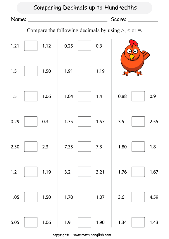 printable comparing and ordering decimals worksheets for kids in primary and elementary math class 