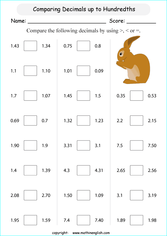 printable comparing and ordering decimals worksheets for kids in primary and elementary math class 