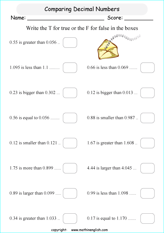 printable math comparing and ordering decimals worksheets for kids in primary and elementary math class 