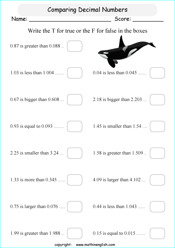 printable comparing and ordering decimals worksheets for kids in primary and elementary math class 