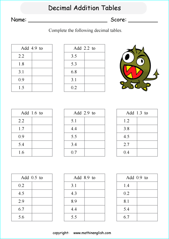 printable adding decimals worksheets for kids in primary and elementary math class 