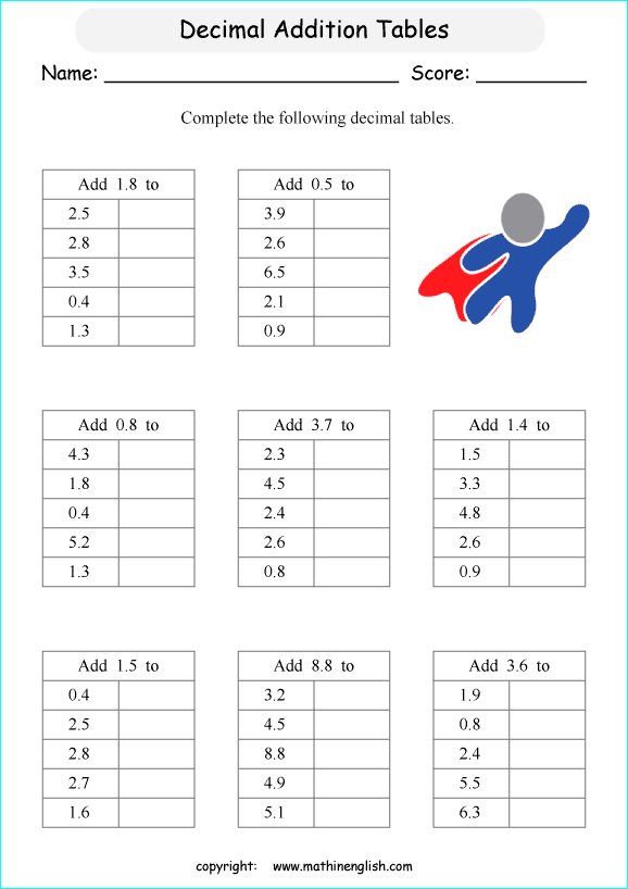 printable math addition of decimals  worksheets