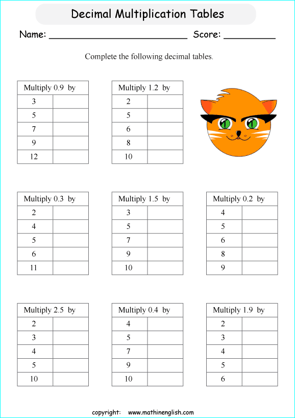 printable math multiplication of decimals worksheets for kids in primary and elementary math class 