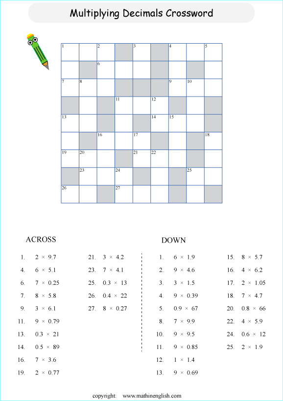 decimal crossword puzzle worksheets for grade 1 to 6 