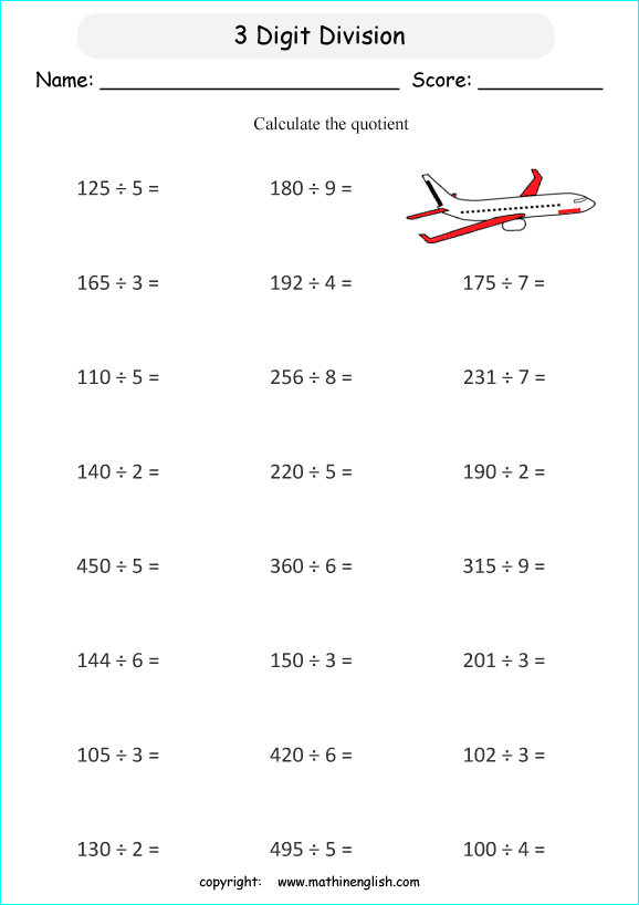 printable math division of 3 digits worksheets for kids in primary and elementary math class 