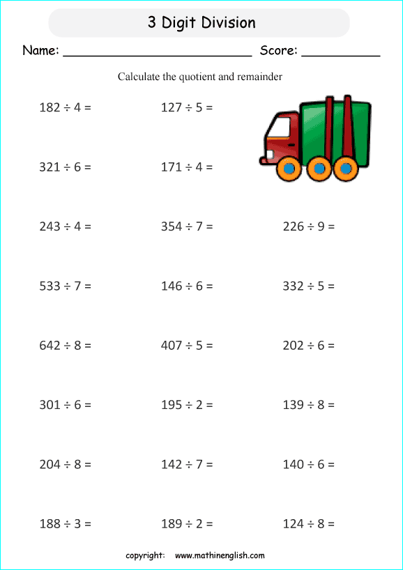 printable math division of 3 digits worksheets for kids in primary and elementary math class 