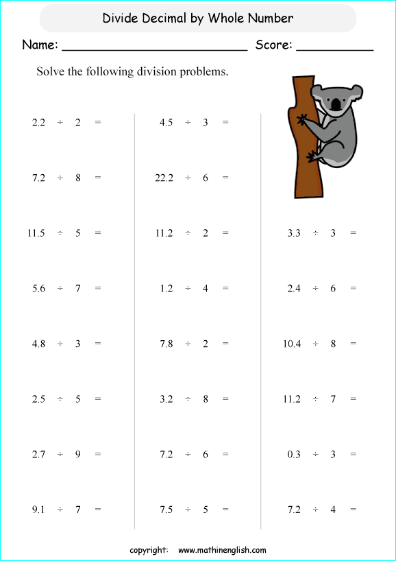 printable math dividing decimals worksheets for kids in primary and elementary math class 