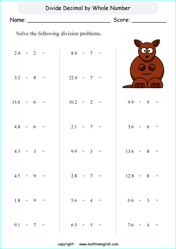 dividing decimals worksheets for grade 1 to 6 