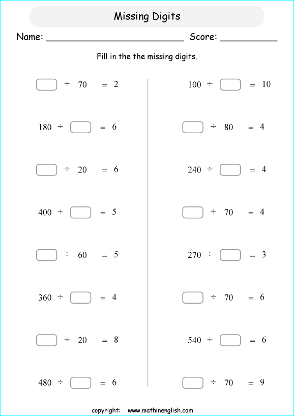 printable math missing numbers division worksheets for kids in primary and elementary math class 