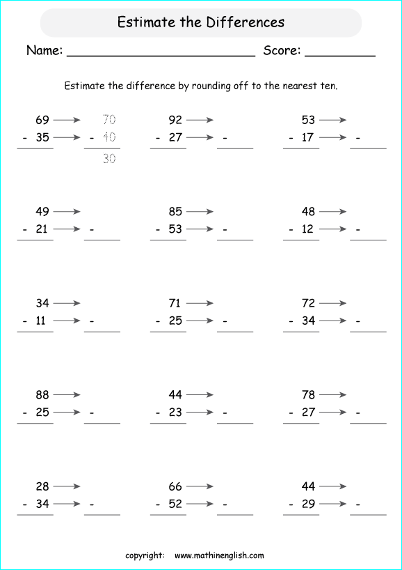 printable math estimation of differences worksheets for kids in primary and elementary math class 