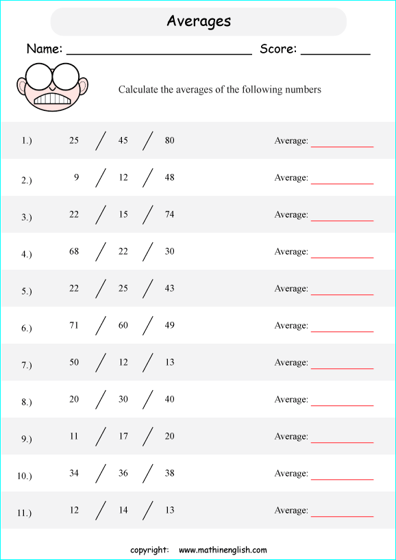 basic average calculations worksheets for grade 1 to 6 