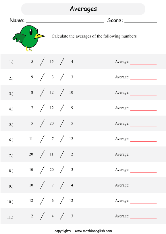 basic average calculations worksheets for grade 1 to 6 