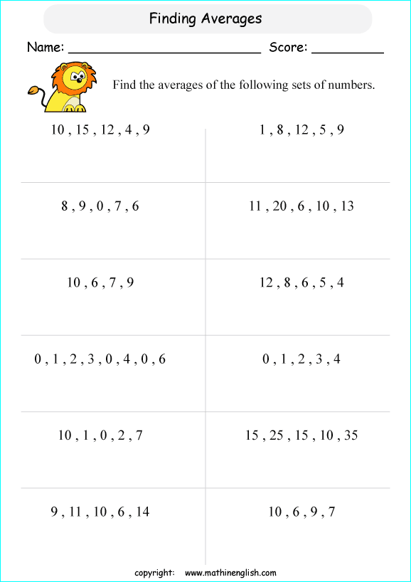 basic average calculations worksheets for grade 1 to 6 