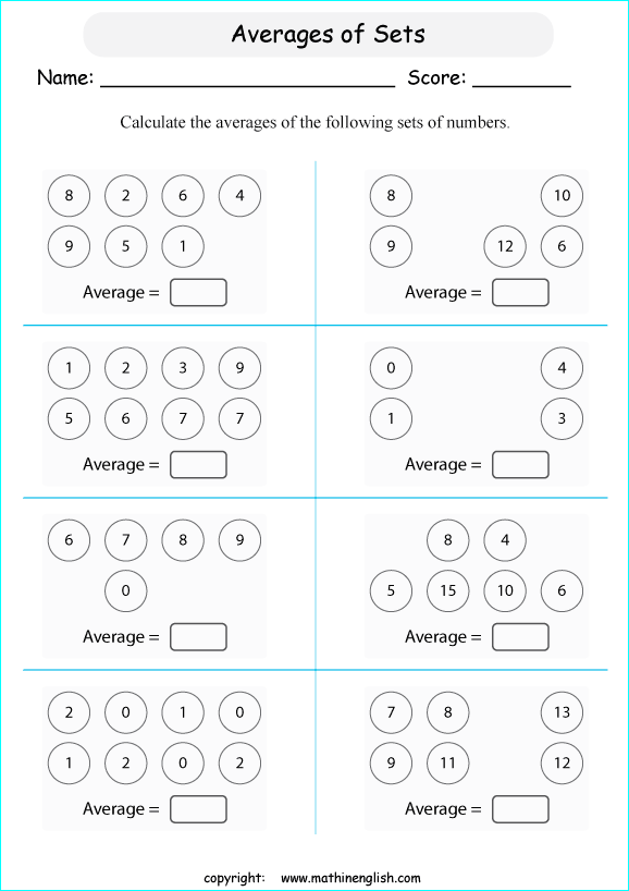 basic average calculations worksheets for grade 1 to 6 