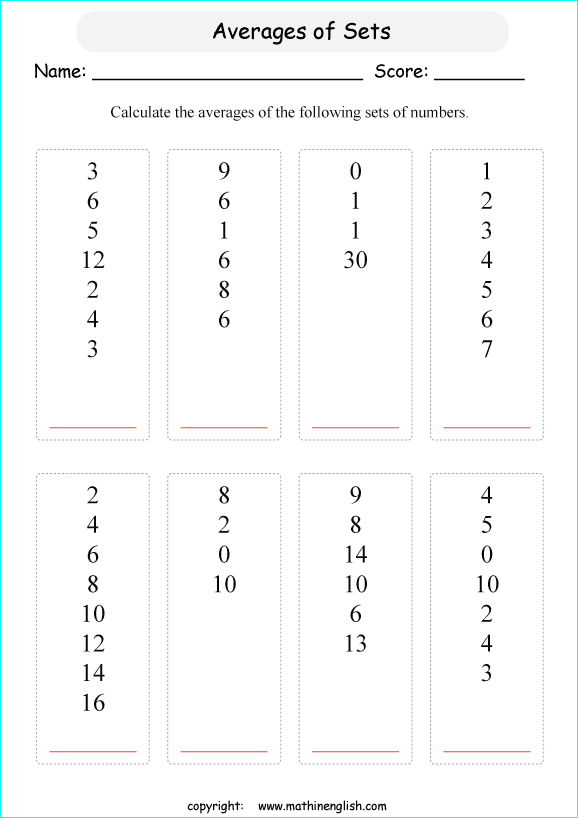 basic average calculations worksheets for grade 1 to 6 