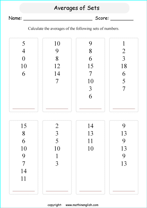 basic average calculations worksheets for grade 1 to 6 