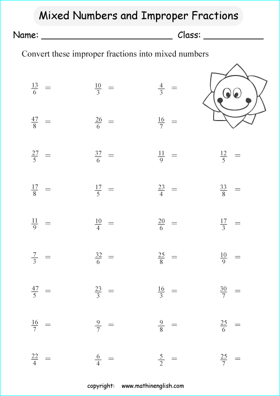 Turning Improper Fractions Into Mixed Numbers Worksheet