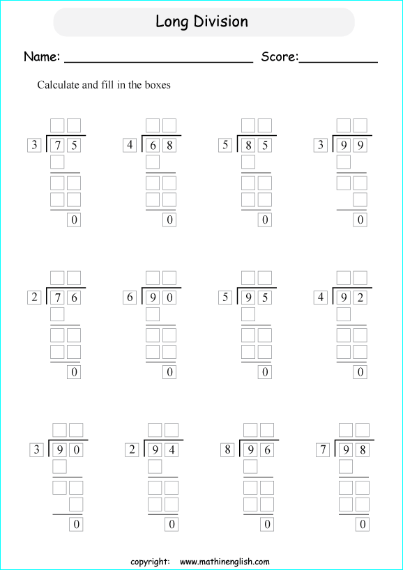 printable 2 digit long division worksheets for kids in primary and elementary math class 