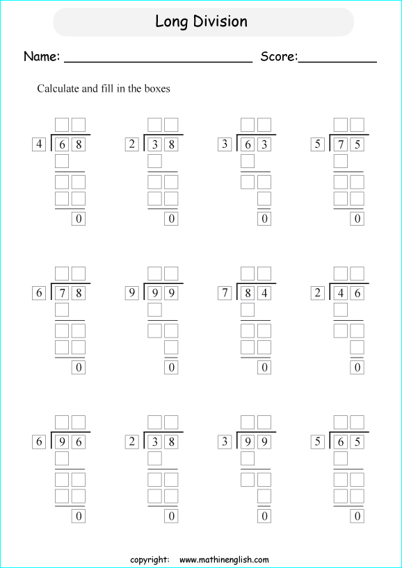 printable 2 digit long division worksheets for kids in primary and elementary math class 