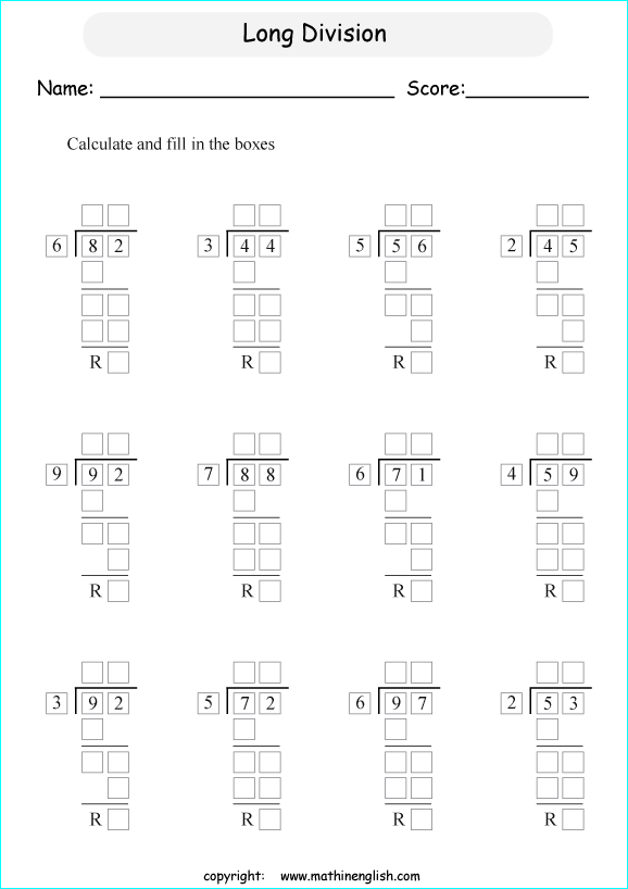 printable 2 digit long division worksheets for kids in primary and elementary math class 