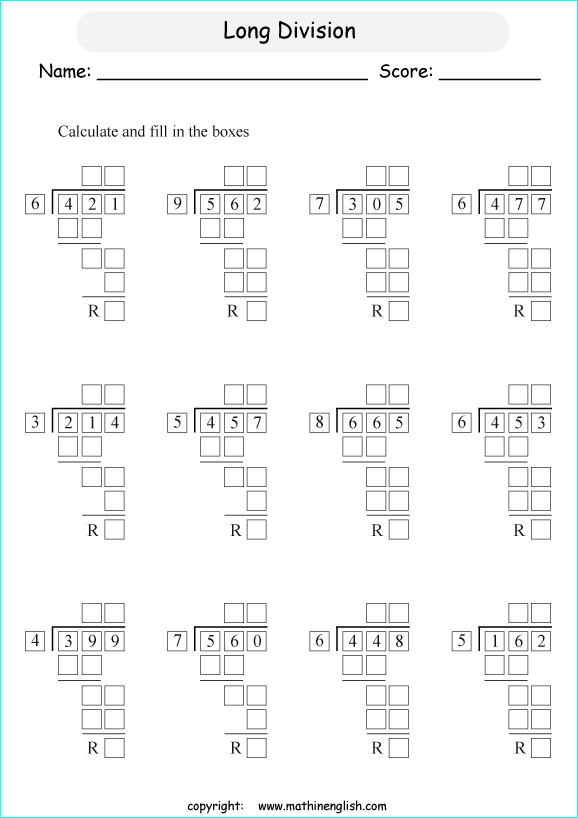 printable math division of 3 digits worksheets for kids in primary and elementary math class 