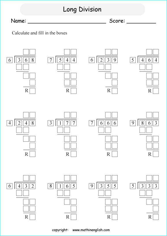 printable 3 digit long division worksheets for kids in primary and elementary math class 