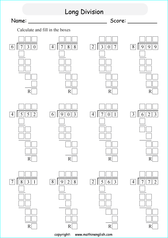 printable math division of 3 digits worksheets for kids in primary and elementary math class 