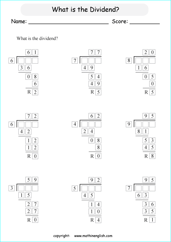 printable 3 digit long division worksheets for kids in primary and elementary math class 