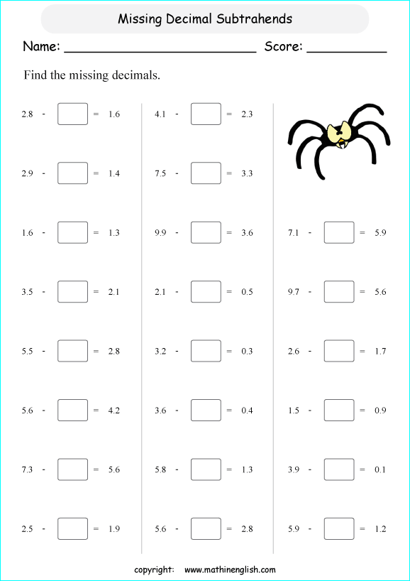 printable math decimal subtraction worksheets for kids in primary and elementary math class 