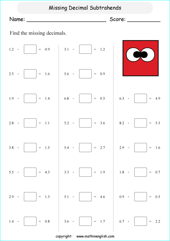 printable math decimal subtraction worksheets for kids in primary and elementary math class 