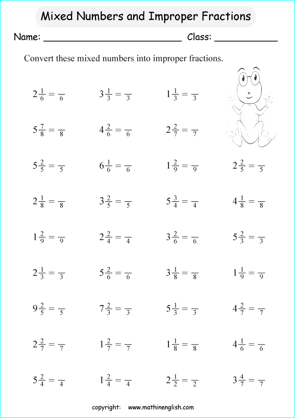 printable improper and mixed fractions worksheets for kids in primary and elementary math class 