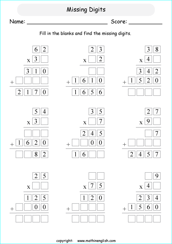 printable math multiplication missing numbers worksheets for kids in primary and elementary math class 