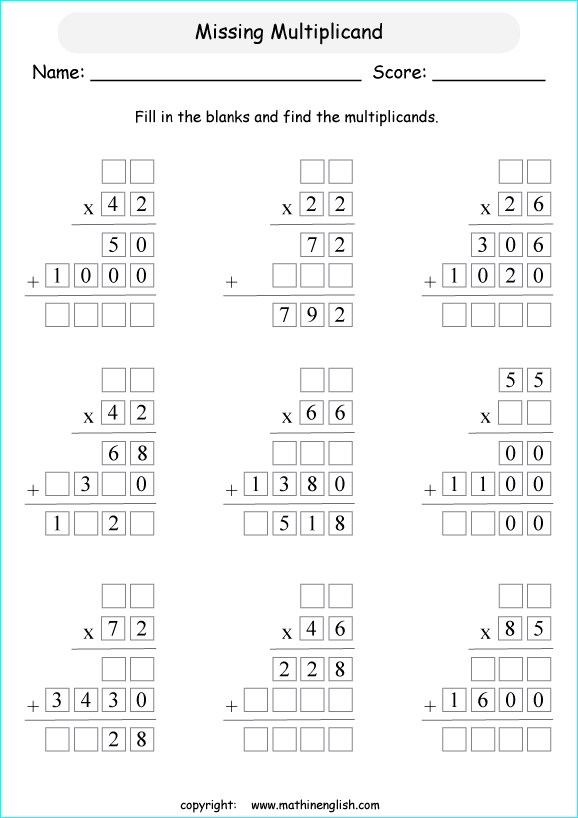 printable math multiplication missing numbers worksheets for kids in primary and elementary math class 