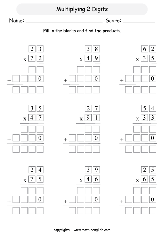 printable math multiplication 2 digits by 2 digit worksheets for kids in primary and elementary math class 