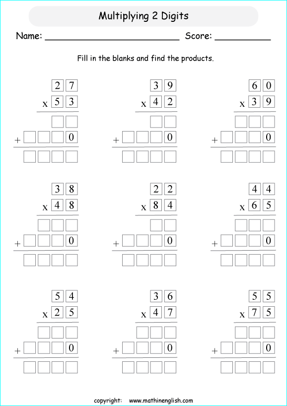 printable math multiplication 2 digits by 2 digit worksheets for kids in primary and elementary math class 