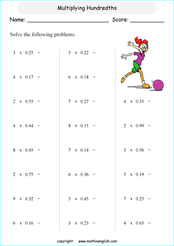 multiplying decimals grade 1 to 6 printable  worksheets 