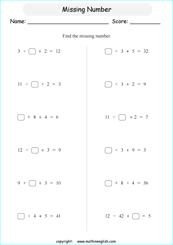 order of operations with positve integers no parentheses worksheets for grade 1 to 6 