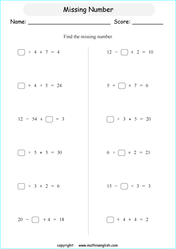 order of operations with positve integers no parentheses worksheets for grade 1 to 6 