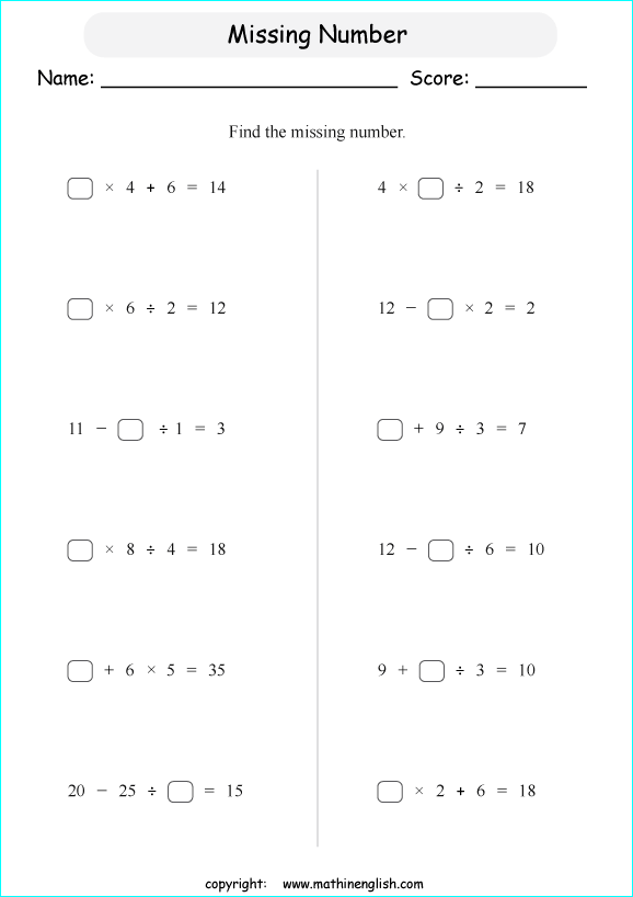 order of operations with positve integers no parentheses worksheets for grade 1 to 6 