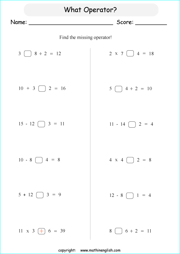 order of operations with positve integers no parentheses worksheets for grade 1 to 6 