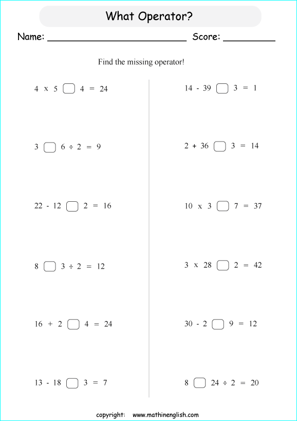 order of operations with positve integers no parentheses worksheets for grade 1 to 6 