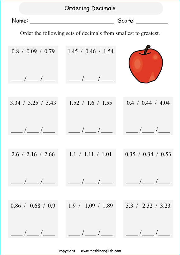 printable math comparing and ordering decimals worksheets for kids in primary and elementary math class 