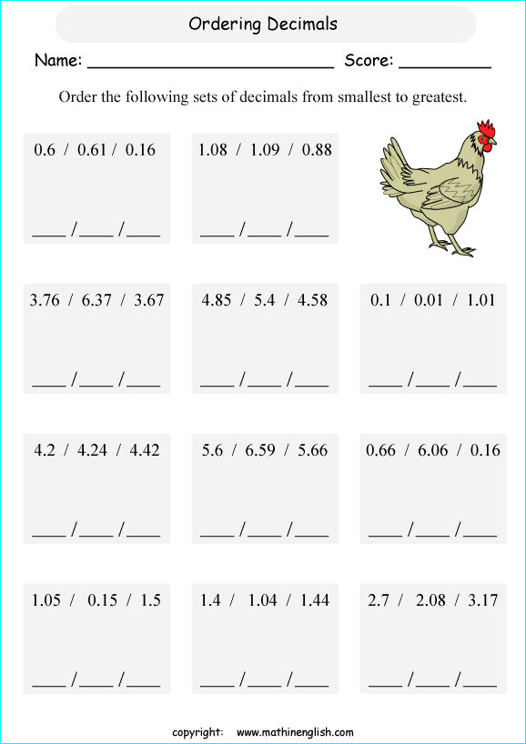 printable math comparing and ordering decimals worksheets for kids in primary and elementary math class 